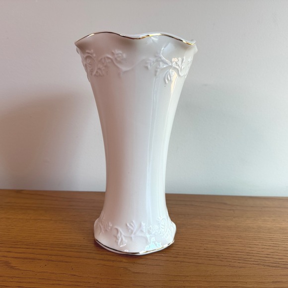 Other - Elegant White Vase with Gold Trim, Embossed Floral Design, Home Decor, 9 Inches